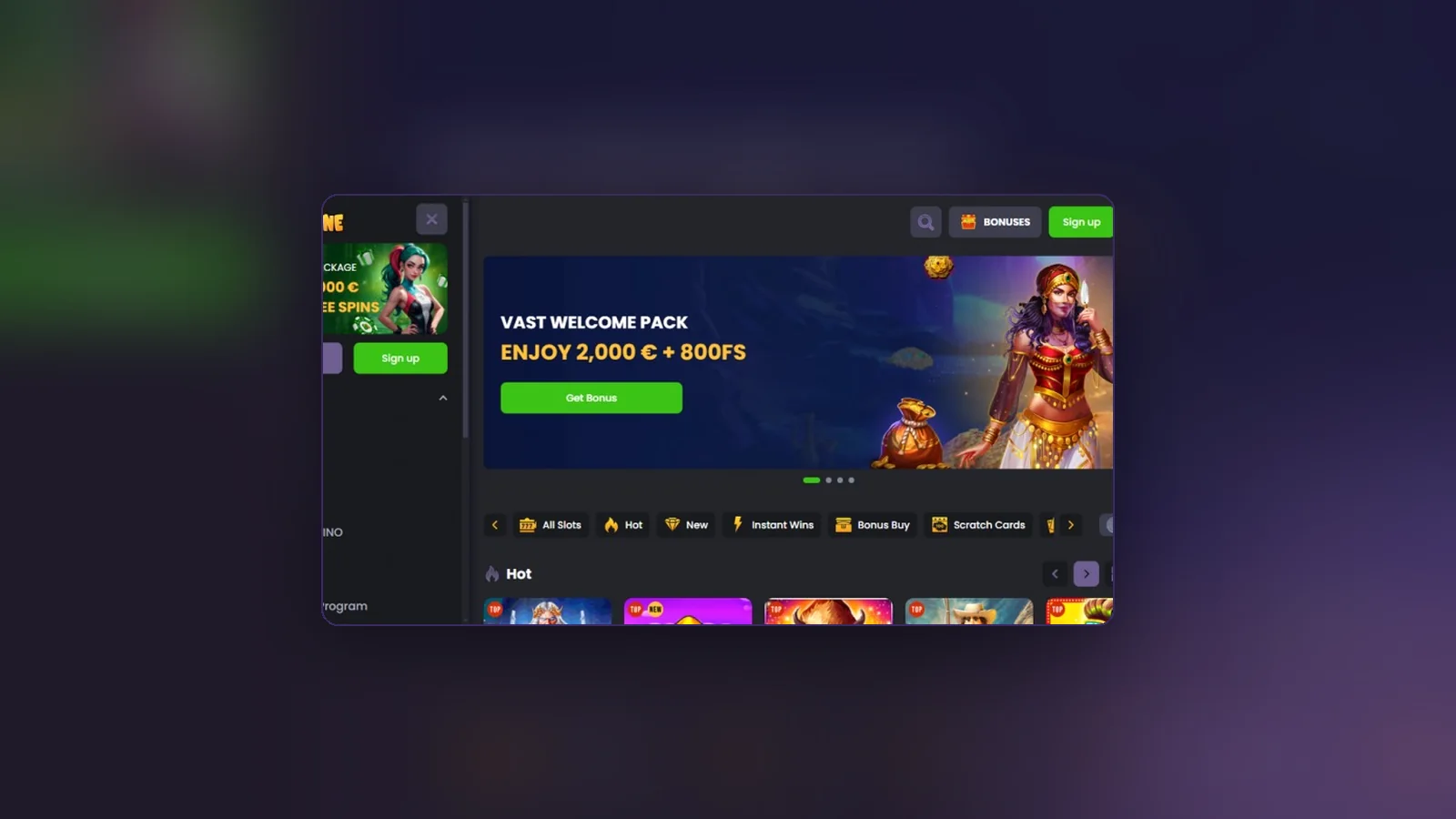La lobby di Spinline con slot, live casino e giochi istantanei